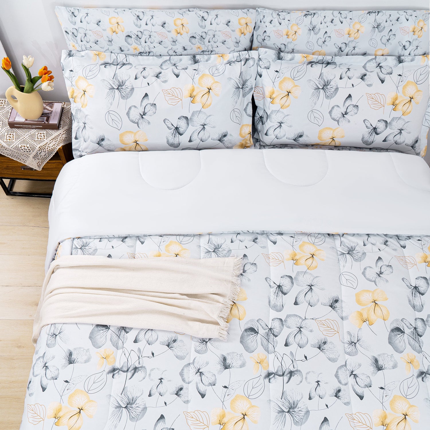 Yellow Floral Graceful Comforter Set 7 Pieces